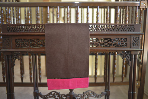 Multicolor Hemstitch Guest Towel. Fudge & Pink Peacock border - Click Image to Close